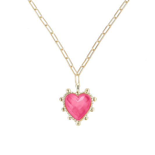 Adorned Heart Pendant Necklace in Pink Enamel