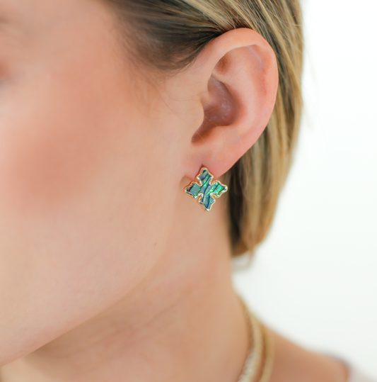Cross Stud Earrings Abalone Shell Gold