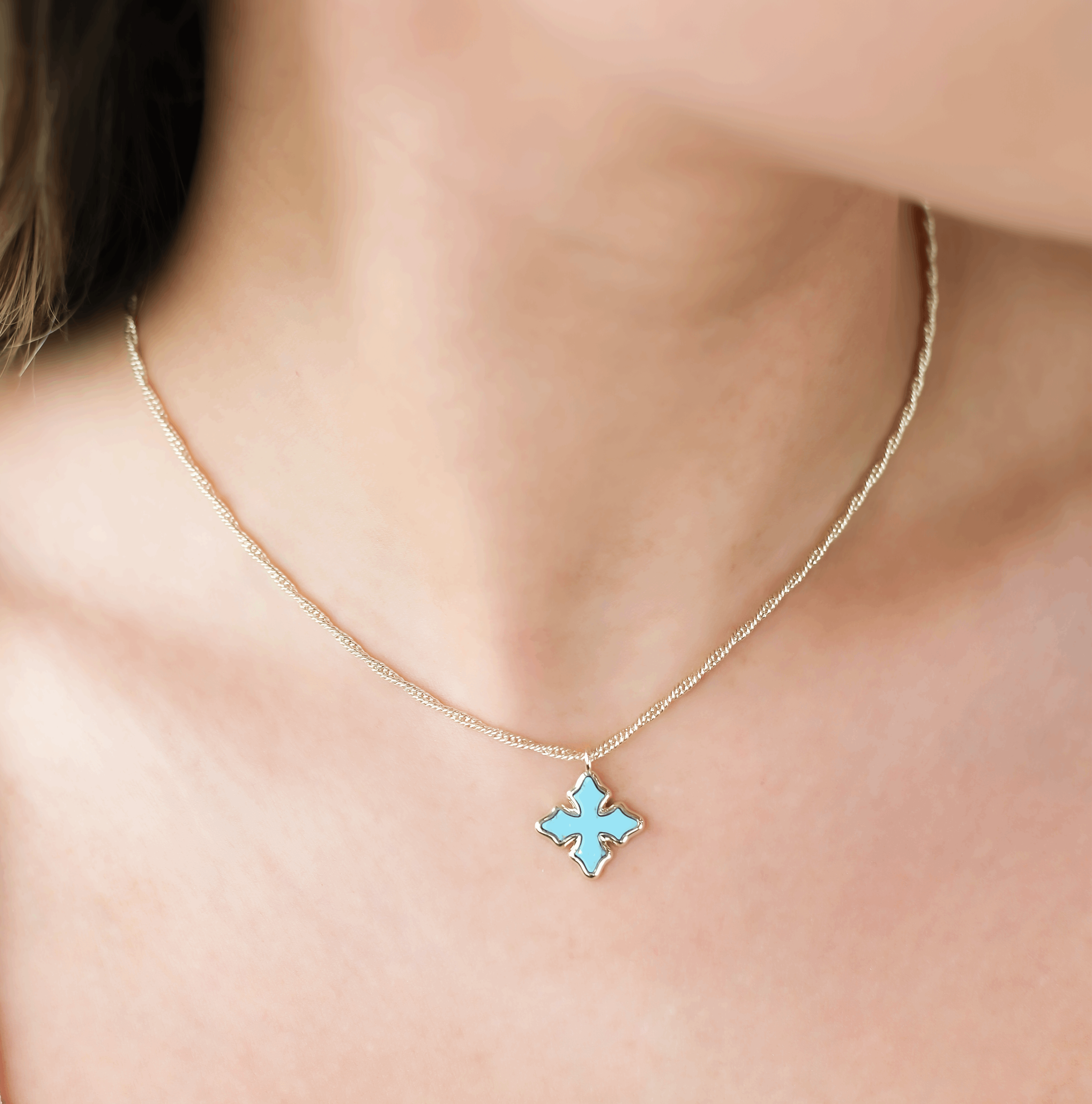 Cross Drop Necklace in Pink Pearl