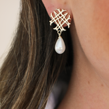 Adorned Logo Pearl Drop Earrings in Gold
