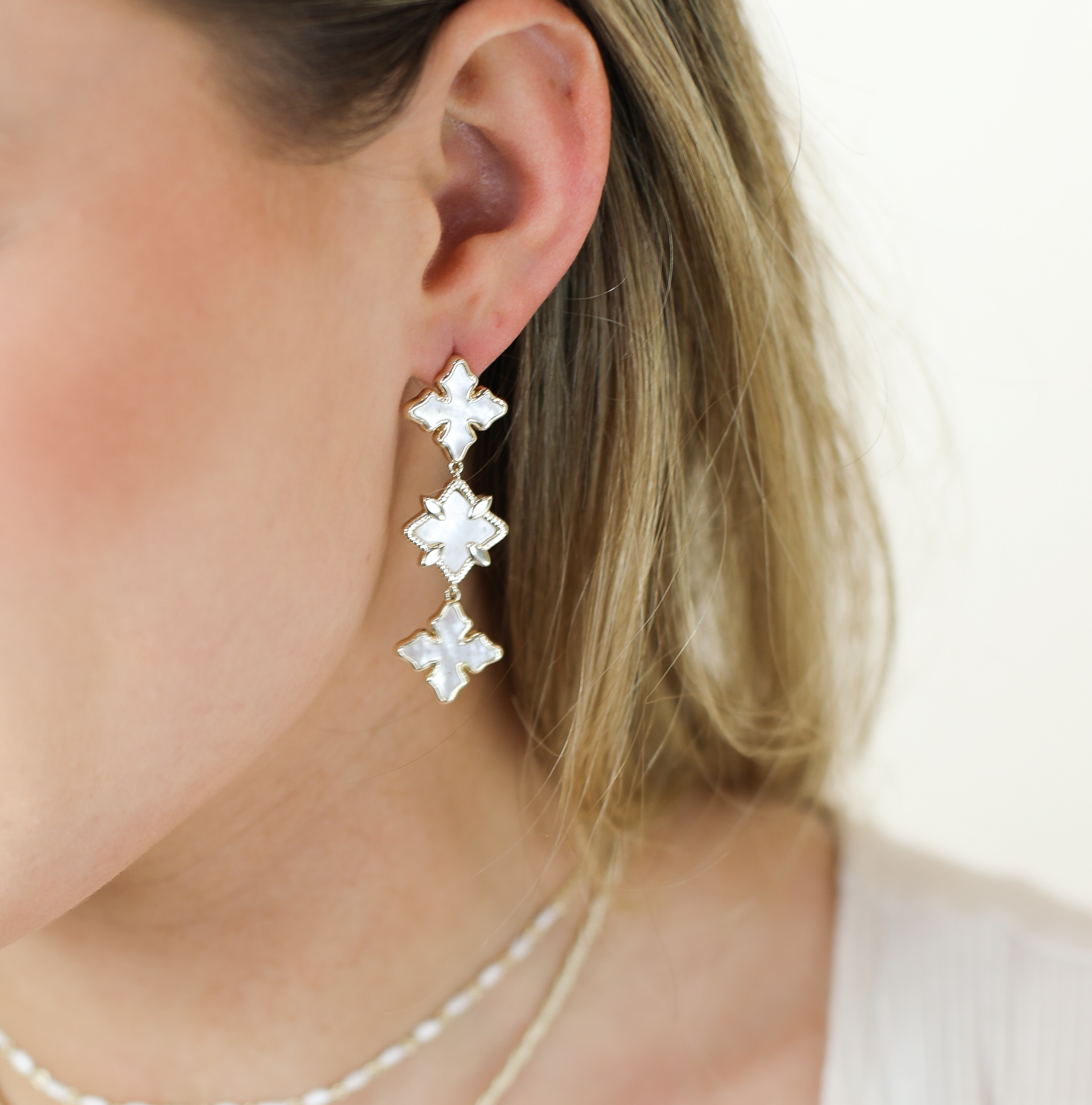 Cross Linear Statement Earrings Ivory Pearl Gold Gold