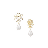 Adorned Logo Pearl Drop Earrings in Gold