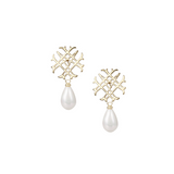 Adorned Logo Pearl Drop Earrings in Gold
