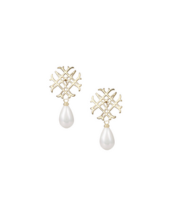 Adorned Logo Pearl Drop Earrings in Gold