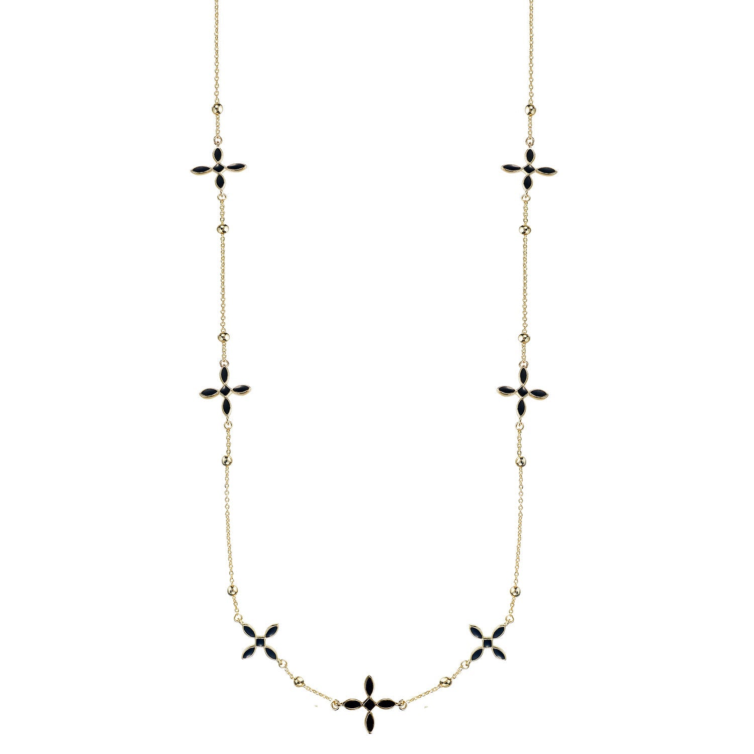 Enamel Cross Station Necklace Black Enamel Gold