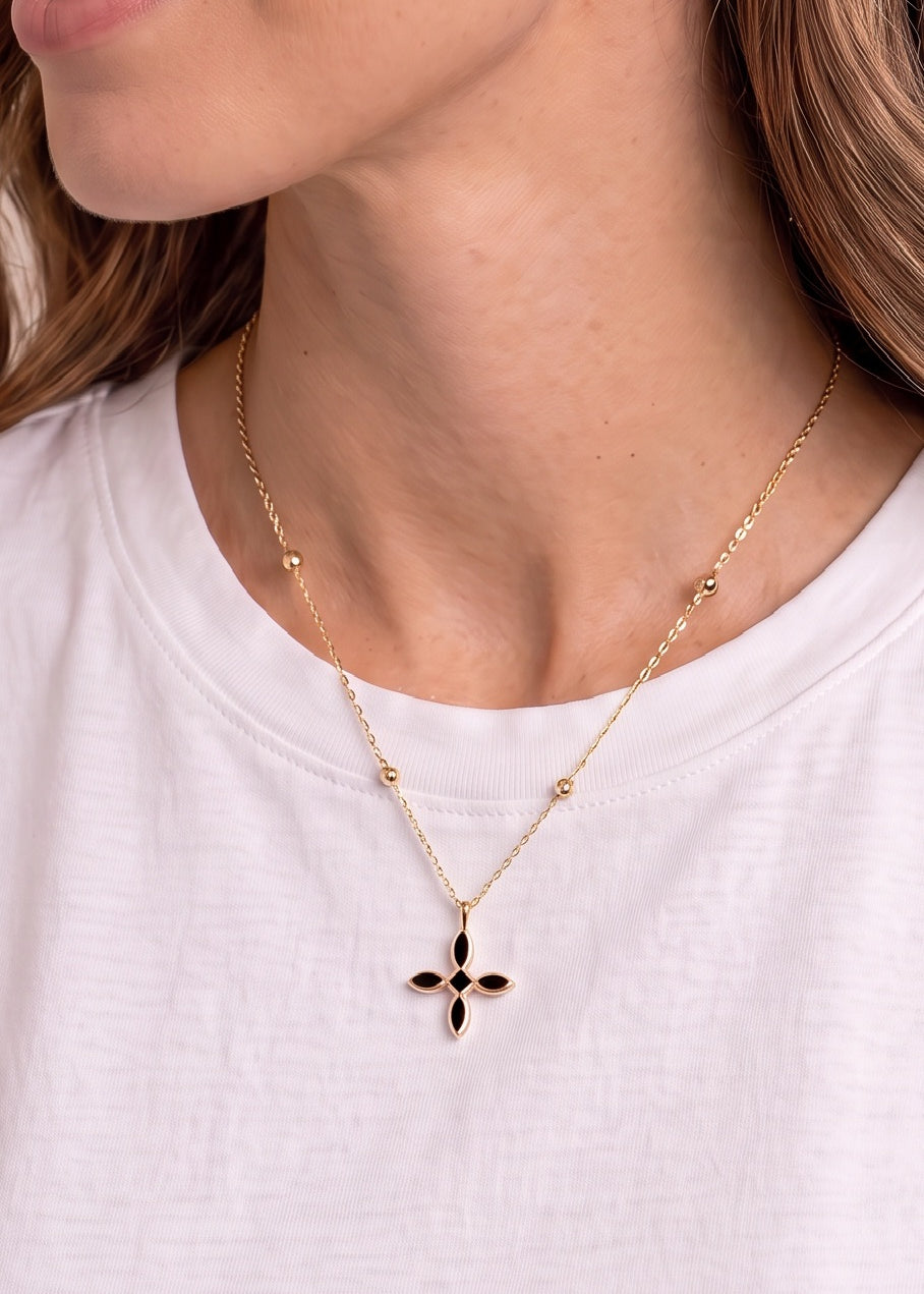 Enamel Cross Drop Necklace Black Enamel Gold