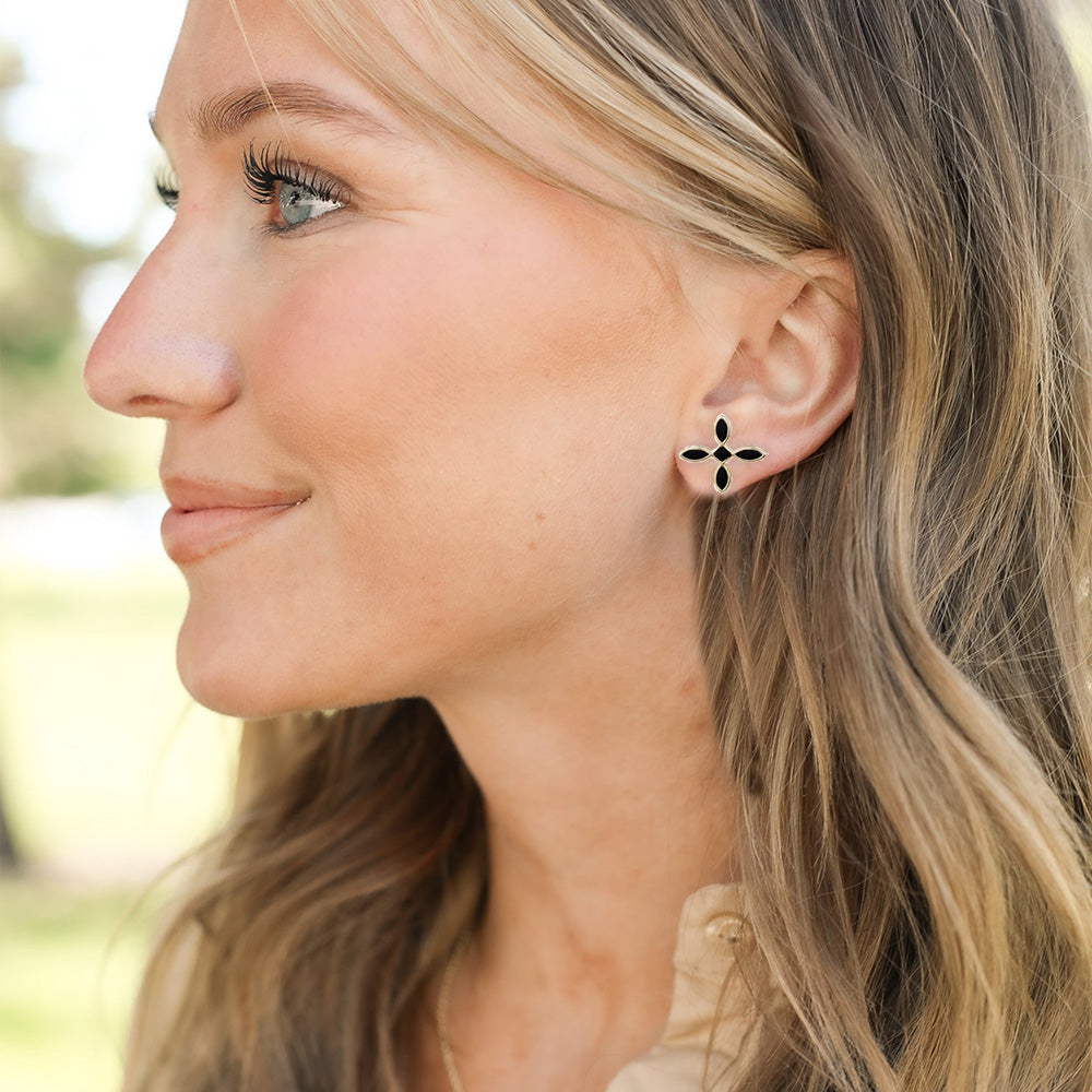 Enamel Cross Stud Earrings Black Enamel/Gold