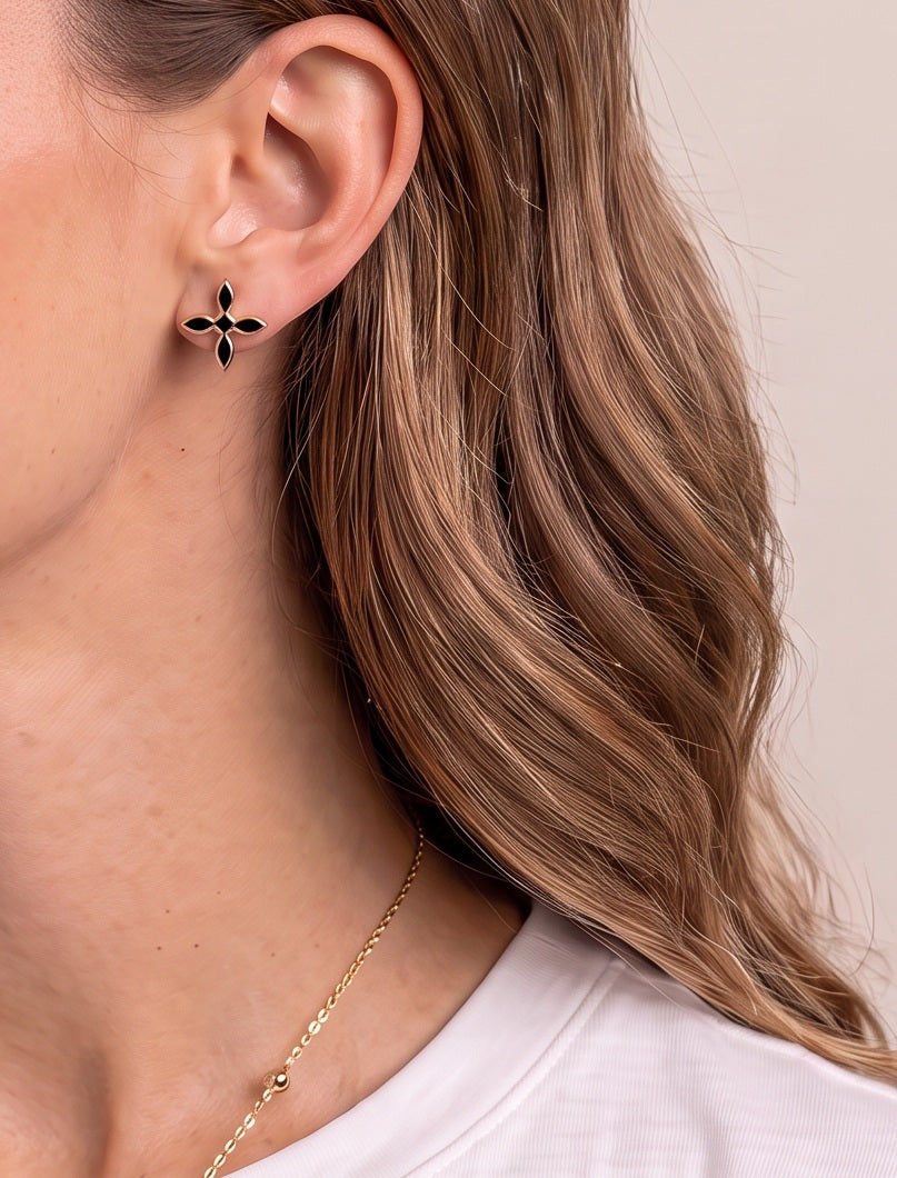 Enamel Cross Stud Earrings Black Enamel/Gold