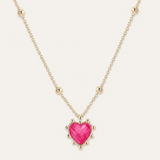 Adorned Heart Drop Necklace in Pink Enamel