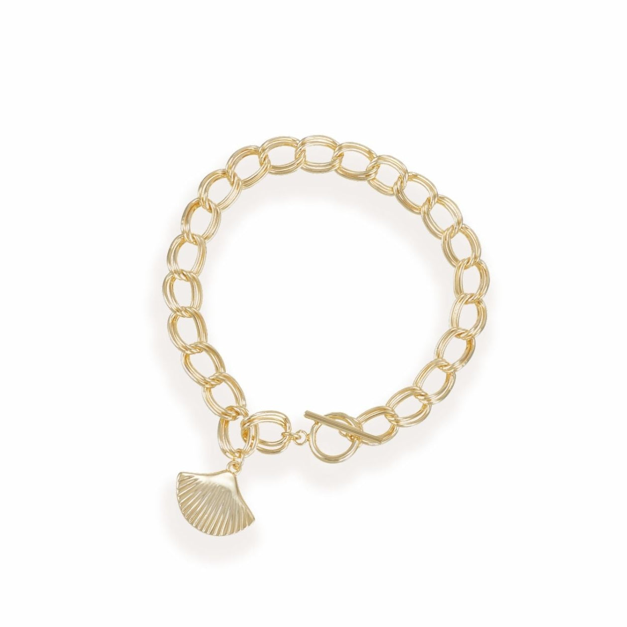 Gold chain bracelet with a shell charm on a white background