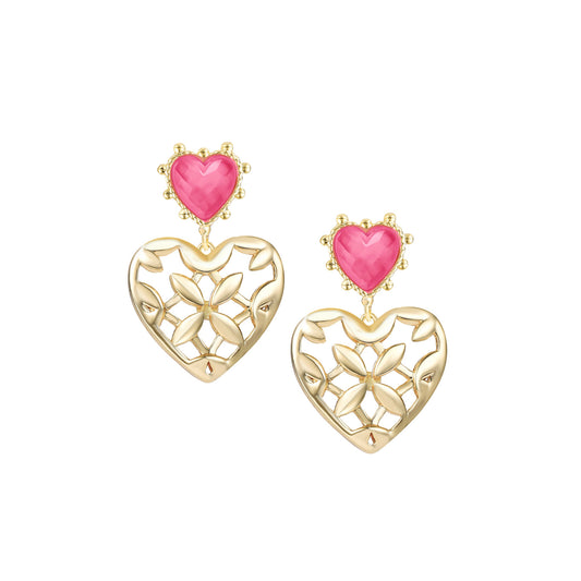 Adorned Heart Statement Earrings in Pink Enamel