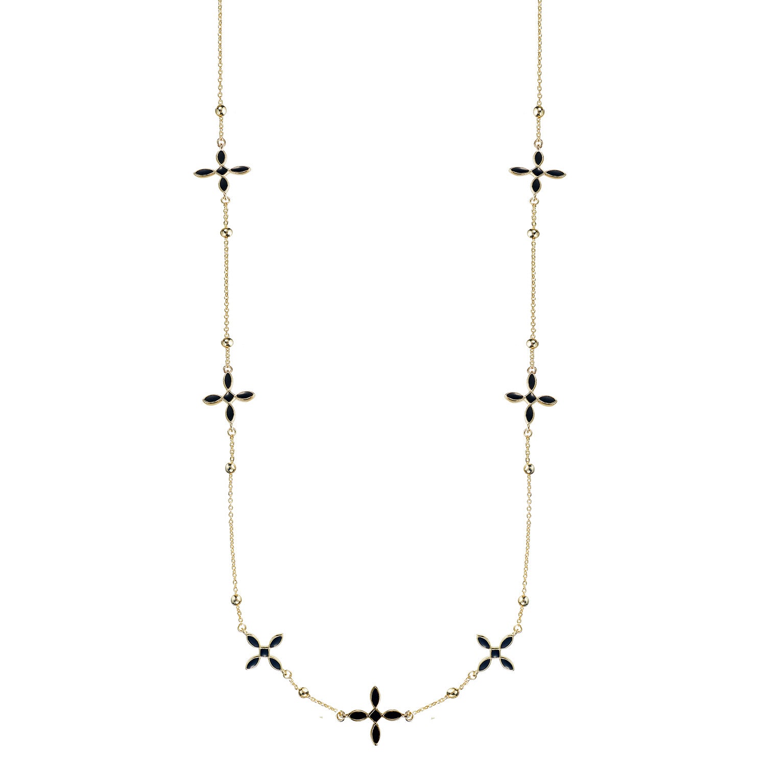 Enamel Cross Station Necklace Black Enamel Gold | 240-BE-G