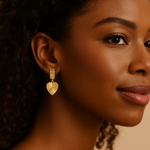 Close-up of a woman wearing gold earrings with a neutral background