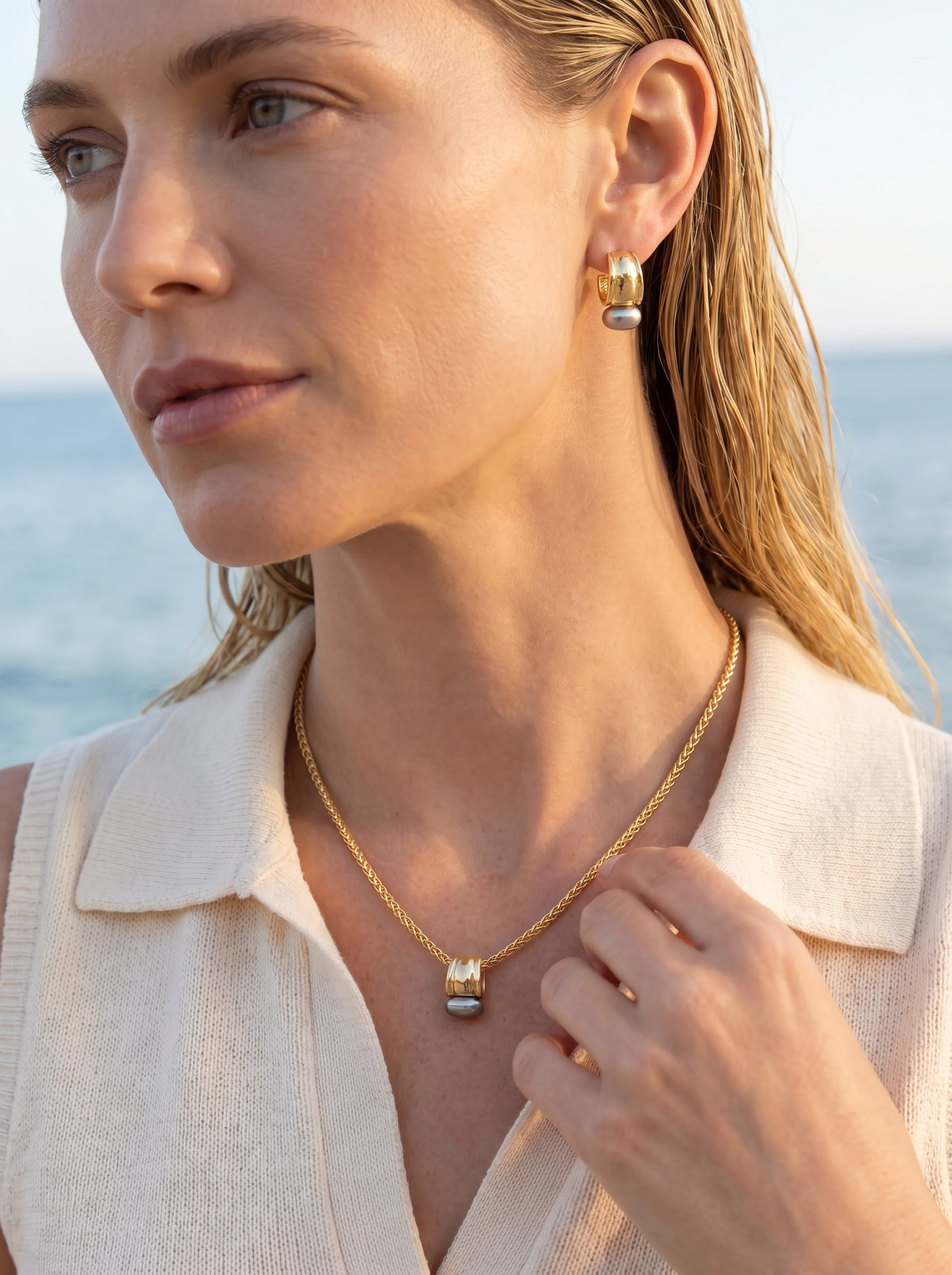 Midnight Tide Huggie Earrings in Gold, Brown Pearl