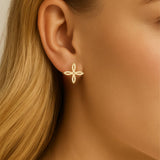 Gold cross earring worn by a person with blonde hair.